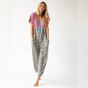 Natural Life Mix & Match Waffle Thermal Jumpsuit Boho Floral Print Size Large